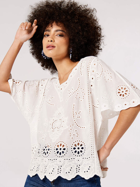 Embroidered Cotton Top, White, large