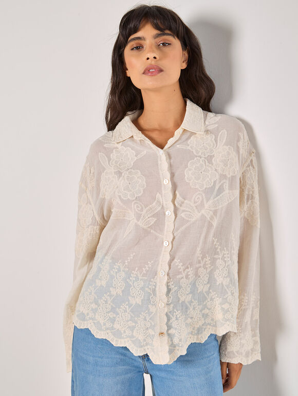 Floral Embroidered Cotton Shirt, Stone, large