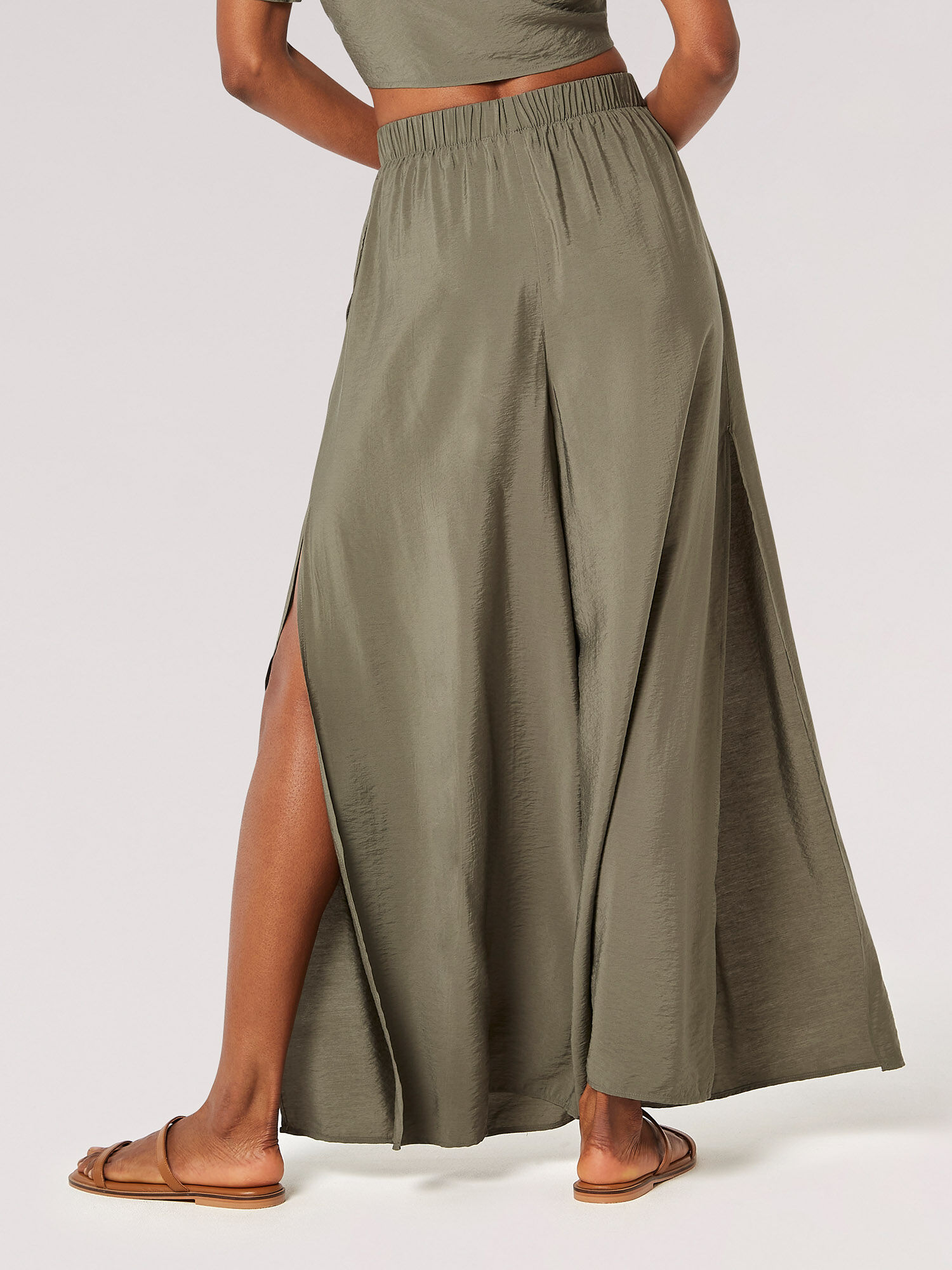 Textured Side Split Palazzo Trousers Apricot Clothing