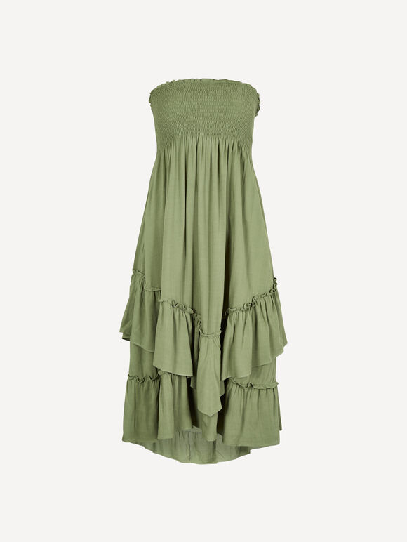 Smocked Bandeau Midi Dress, Green, large