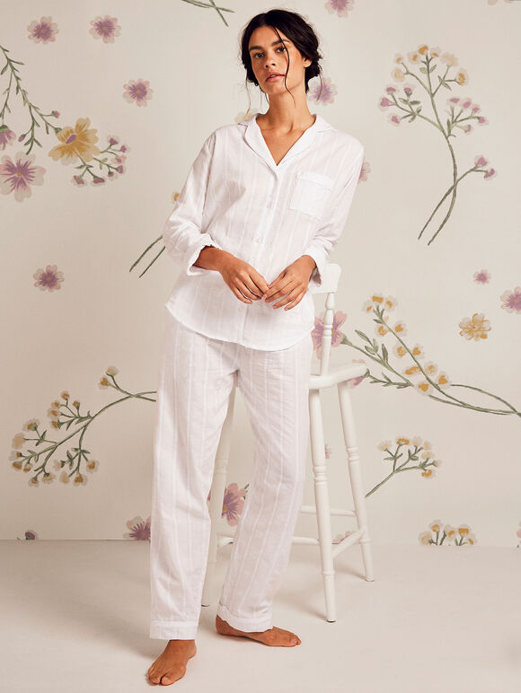 Embroidered Stripe Trouser, White, large