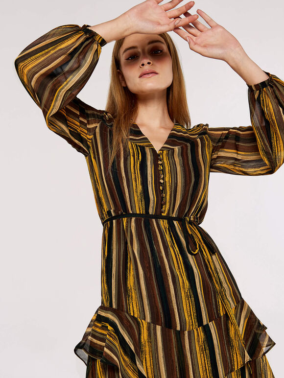 Striped Ruffle Mini Dress, Mustard, large
