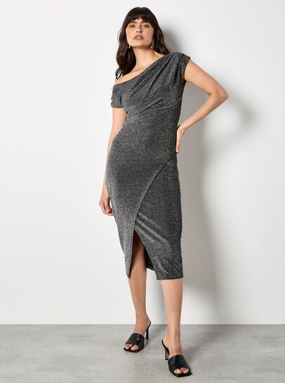 Drape Shoulder Wrap Shimmer Midi Dress
