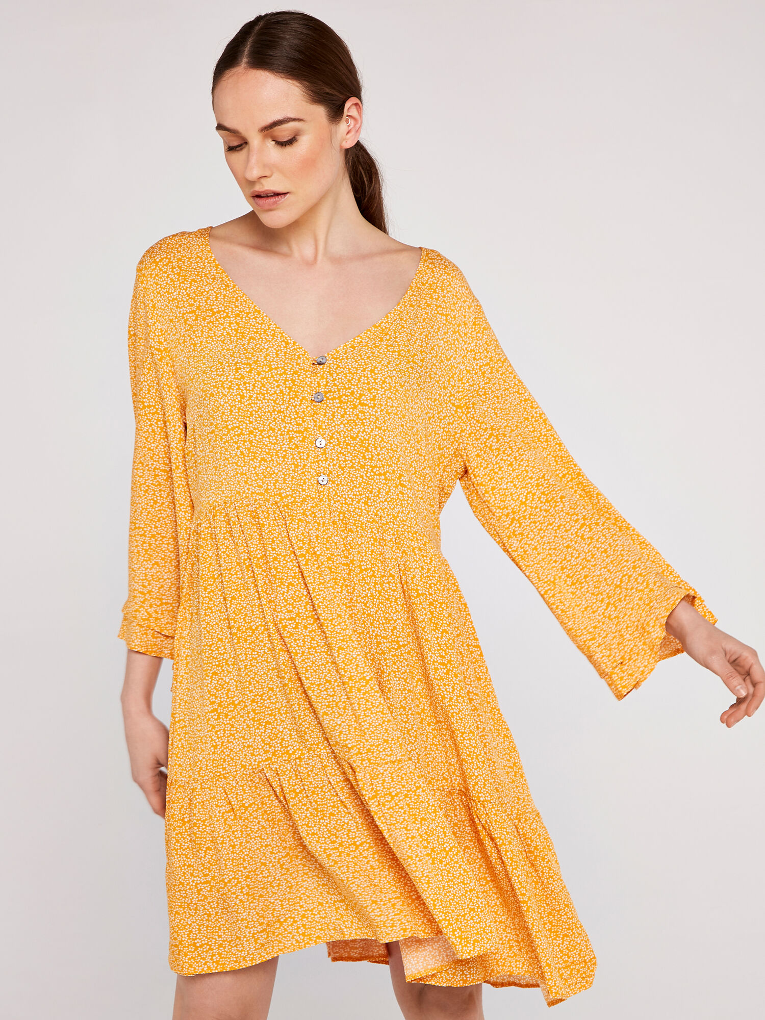 Micro Ditsy Bell Sleeve Dress Apricot Clothing