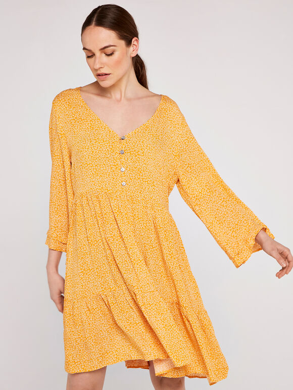 Micro Ditsy Bell Sleeve Dress, Mustard, large