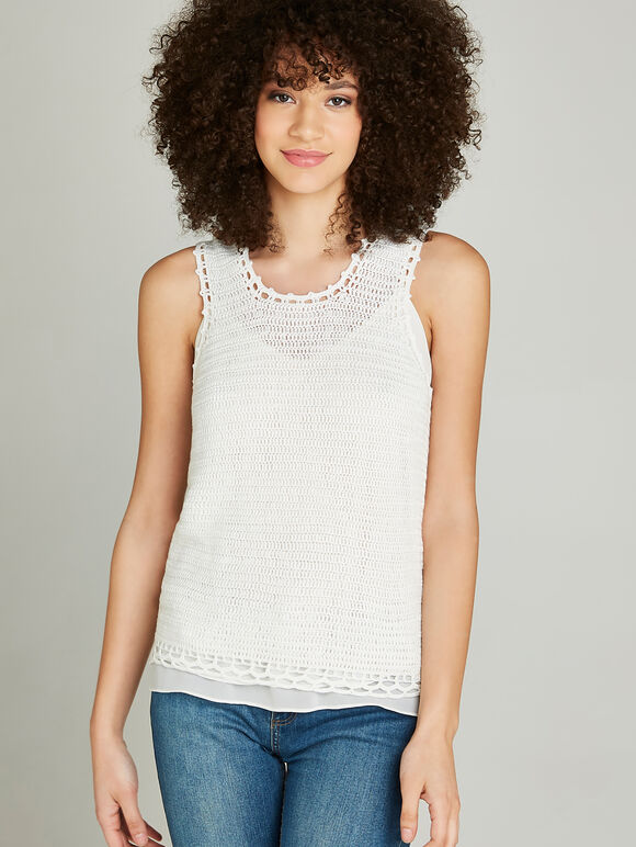 White Crochet Detail Vest Top, White, large