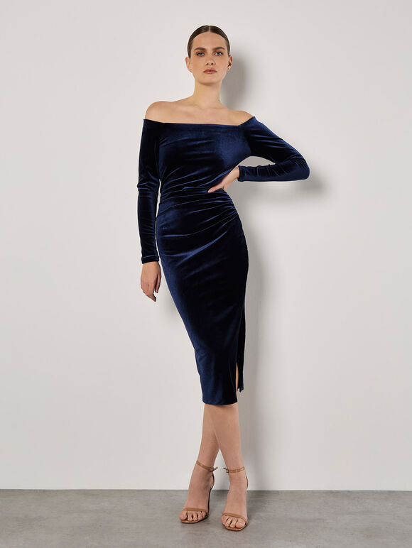 Bardot Velvet Midi Dress , Navy, large