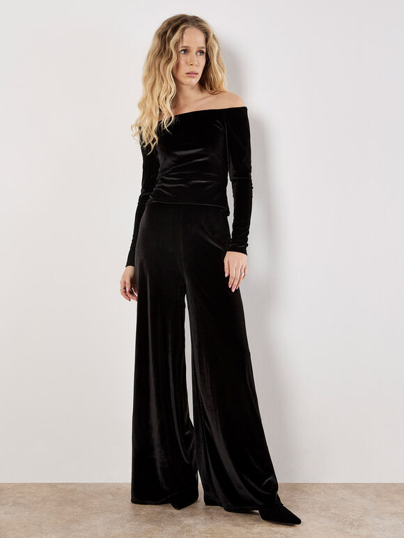 Wide Leg Velvet Trousers, Black, large