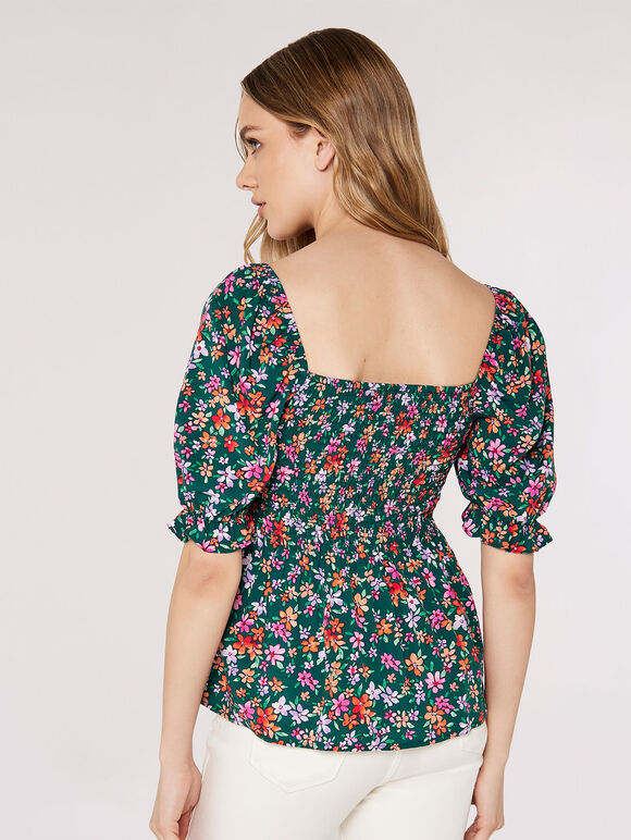 Smocked Ditsy Print Top, Green, large