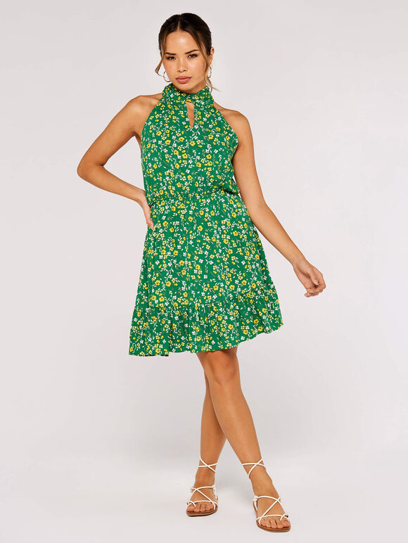 Ditsy Halter Mini Dress, Green, large