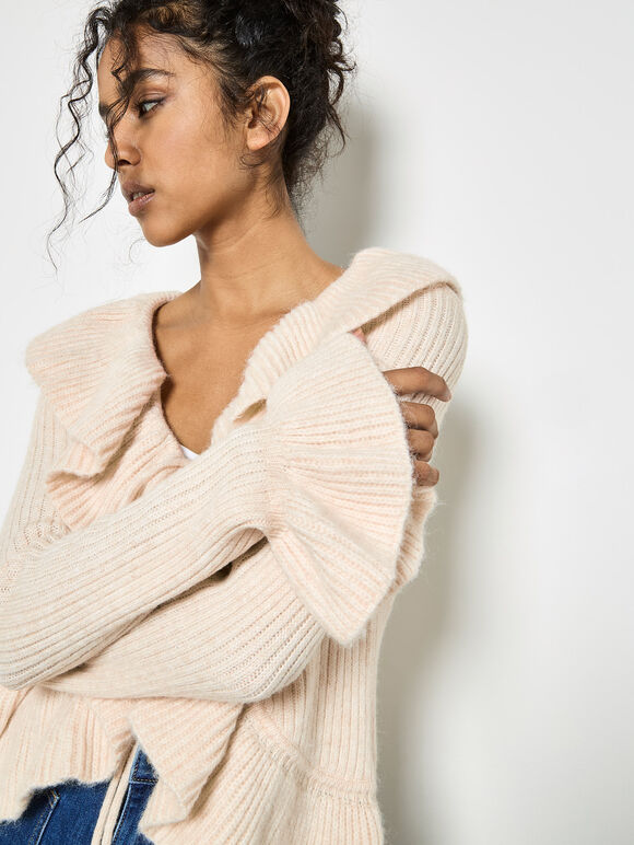 Ruffle Ribbed Knit Cardigan, Stone, large