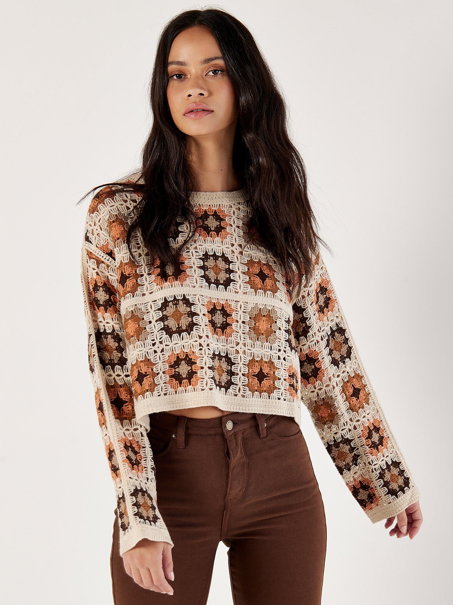 Crochet Squares Cropped Jumper Apricot Clothing