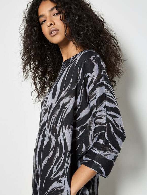 Zebra Print Knitted Cocoon Mini Dress, Grey, large