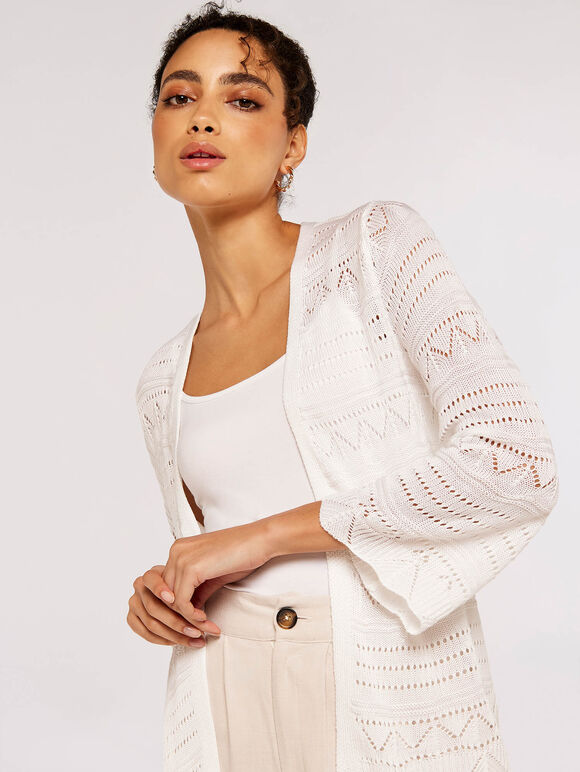 Pointelle Patterned Cardigan, Cream, large
