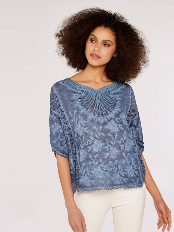Embroidered Mesh Top, Navy, large