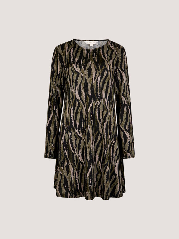 Zebra Knit Swing Mini Dress, Khaki, large