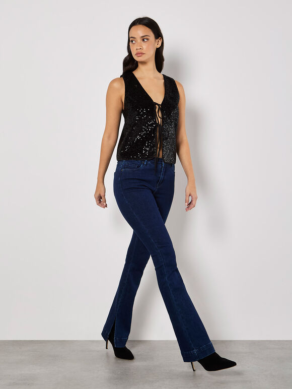 Double Tie Sequin Waistcoat, Black, large