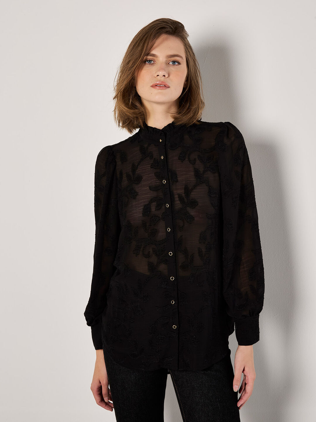Image of Embroidered Leaf Chiffon Blouse