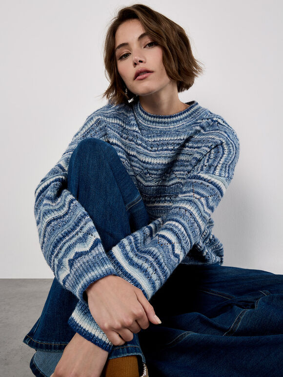 Pointelle Knit Stripe Jumper, Blue, large