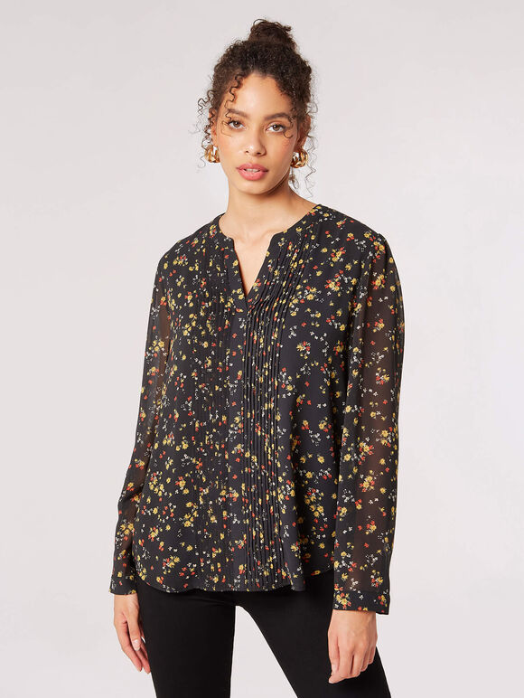 Vintage Floral Pintuck Pleat Blouse , Black, large