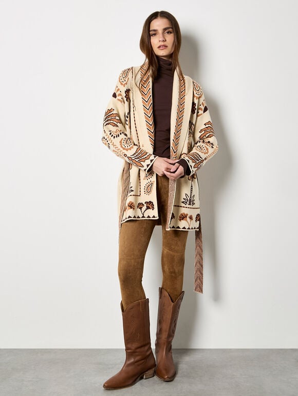 Chevron Palm Belted Cardigan, Stone, large