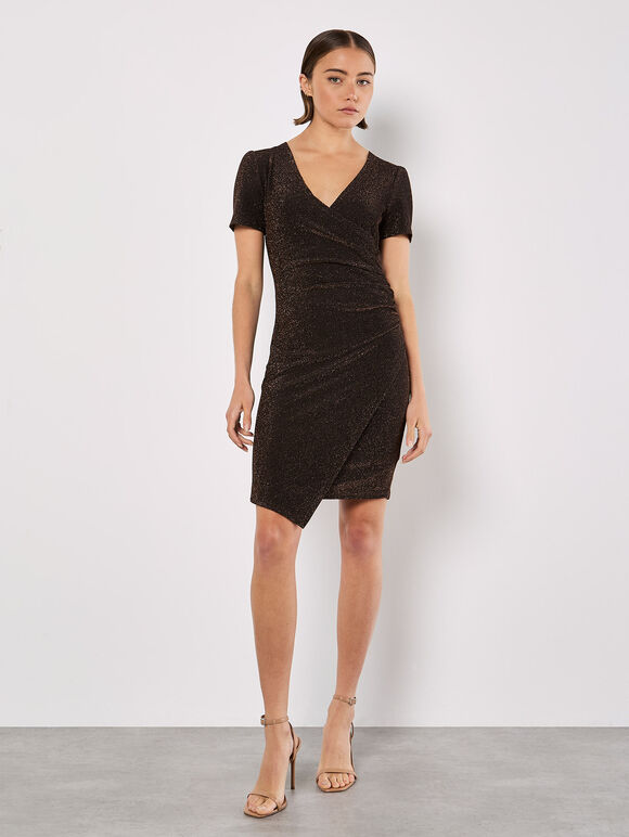 Metallic Bodycon Wrap Mini Dress, Brown, large