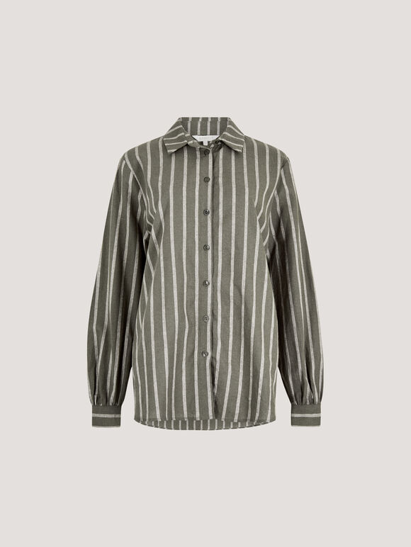 Striped Linen Shirt, Khaki, large