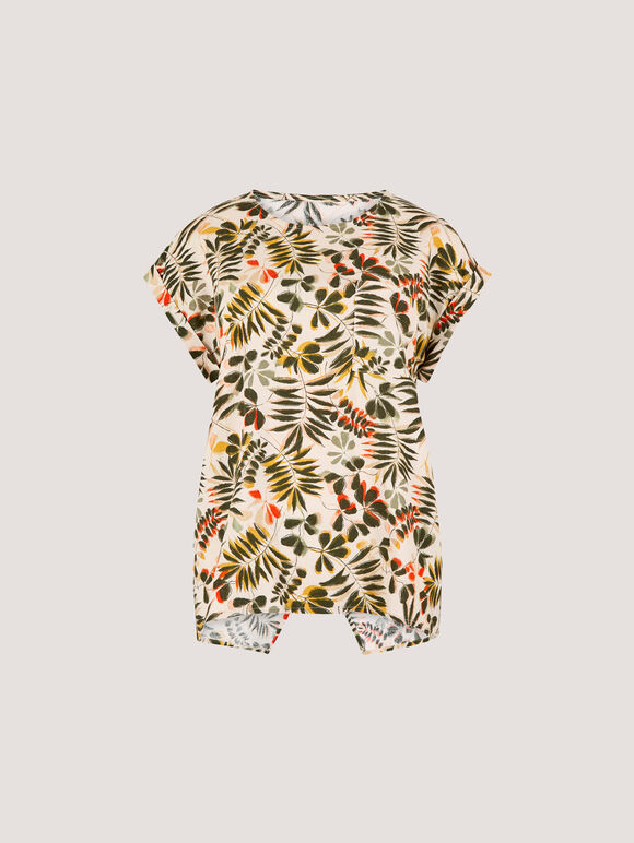 Tropical Leaf Split Back Top, Stone, large