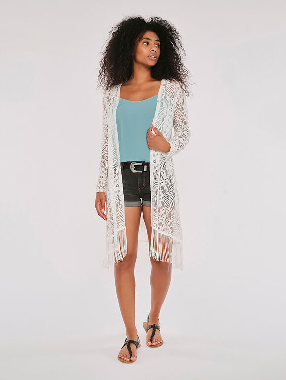 Lace Fringed Long Sleeve Cover Up, Cream, large