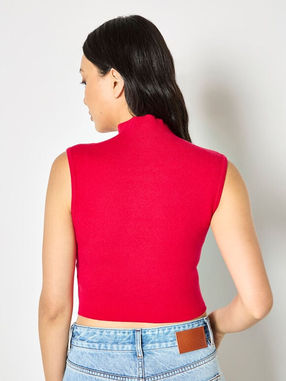 High Neck Knitted Crop Top, Red, large