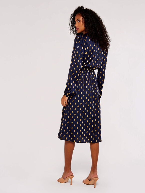 Metallic Gold Spot Midi Dress, Navy, large