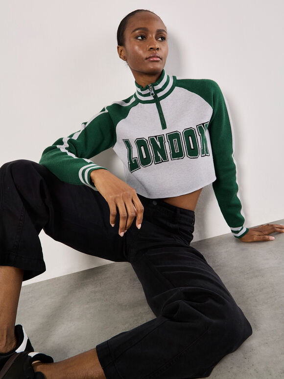 Cropped London Zip Jumper, Green, large