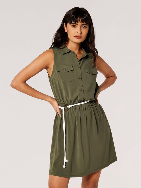 Sleeveless Shirt Mini Dress, Khaki, large