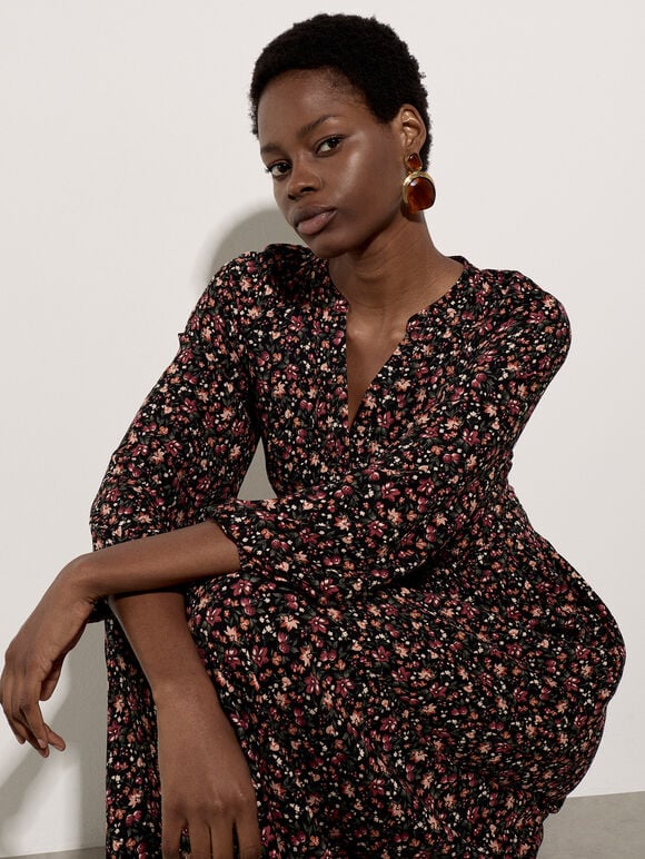 Ditsy Floral Crepe Midi Dress, Black, large