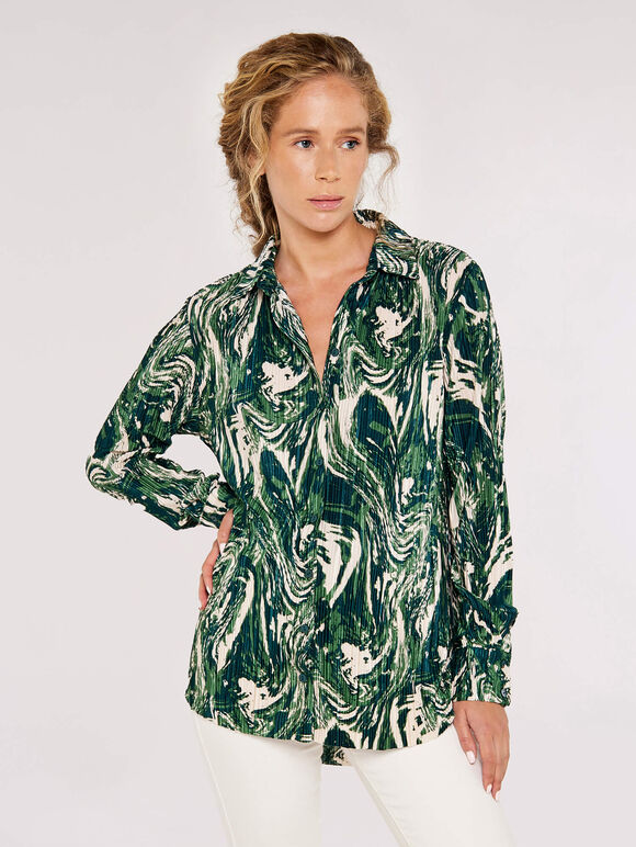 Marble Print Plisse Shirt, Green, large