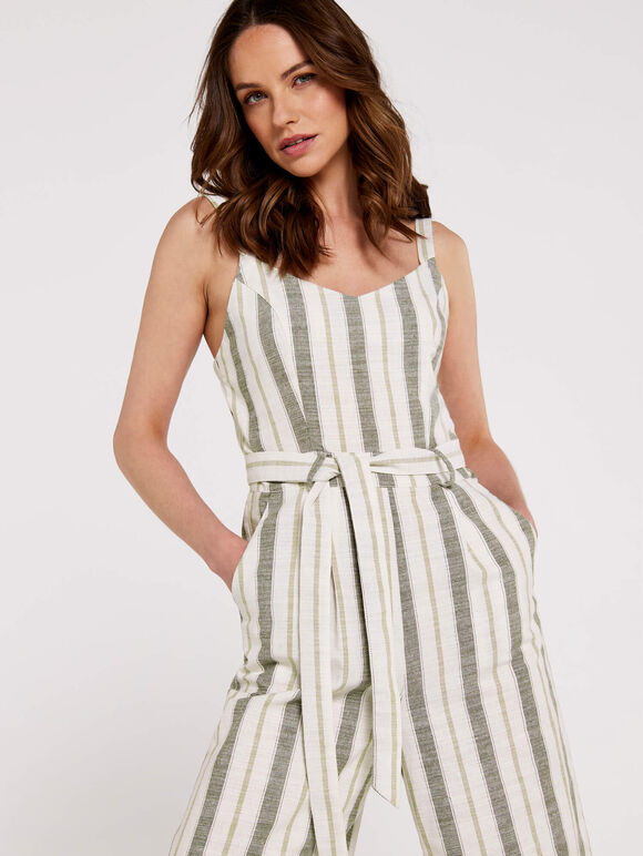 Cami Stripe Tie Jumpsuit, Khaki, large