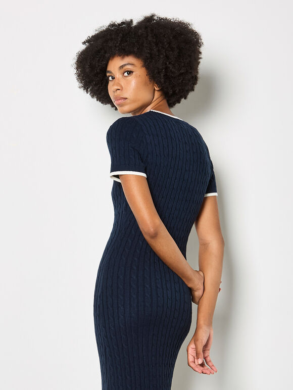 Cable Knit Contrast Trim Midi Dress, Navy, large