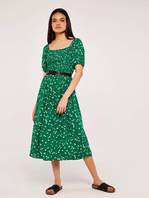 Floral Puff Sleeve Dress, Green, large