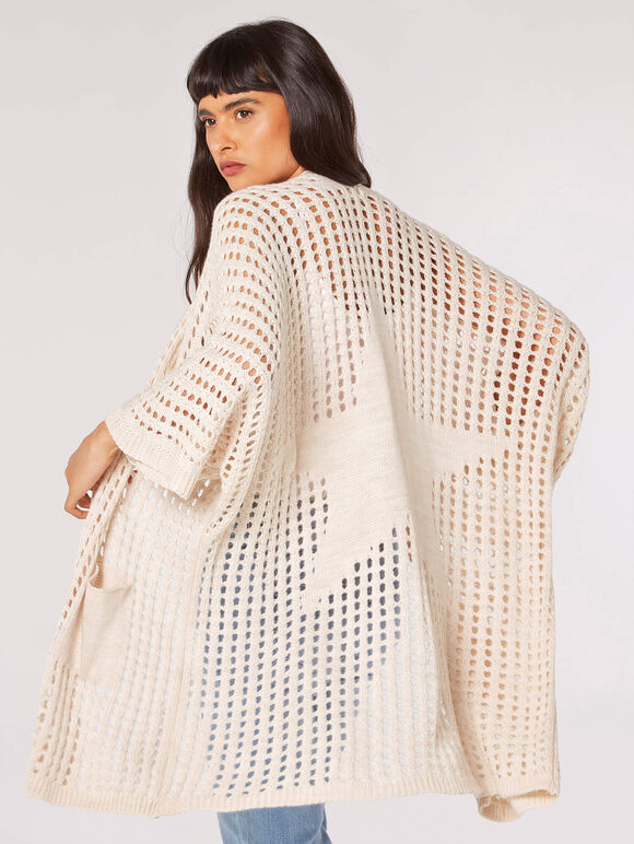 Star Motif Open Knit Cardigan, Stone, large
