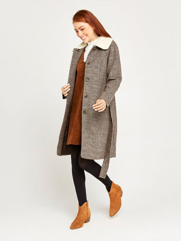 Brown Check Wool Blend Coat, Brown, large