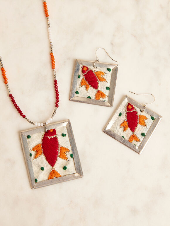 Silver Tone Embroidered Fish Beaded Necklace, Assorted, large