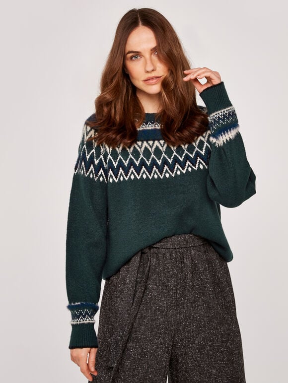 Fairisle Knit Jumper, Green, large