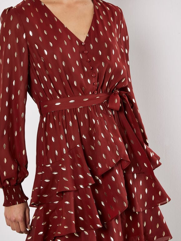 Gold Foil Spot Tiered Mini Dress, Burgundy, large