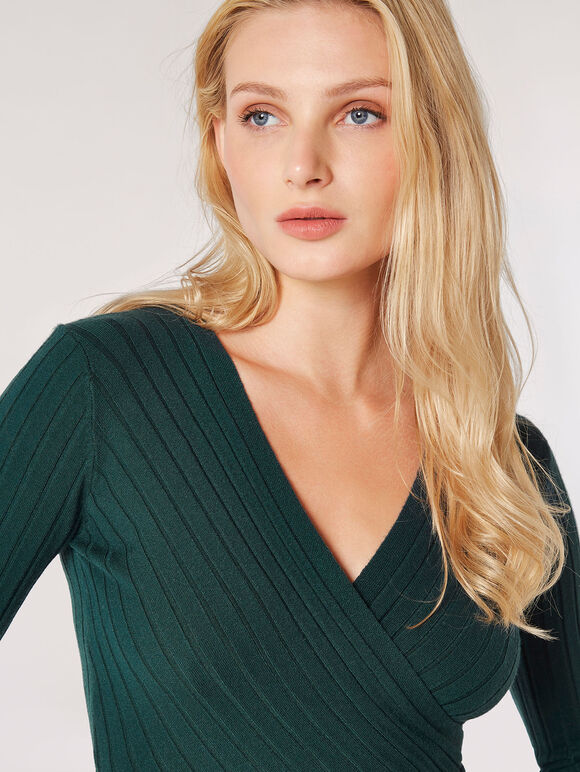 Rib Knit Wrap Top, Green, large