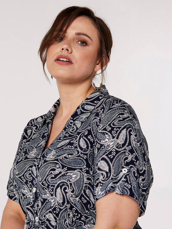 Curve Paisley Shirt Midi Dress, Navy, large