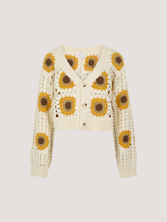 Sunflower Hand-Knit Crochet Cardigan, Stone, large