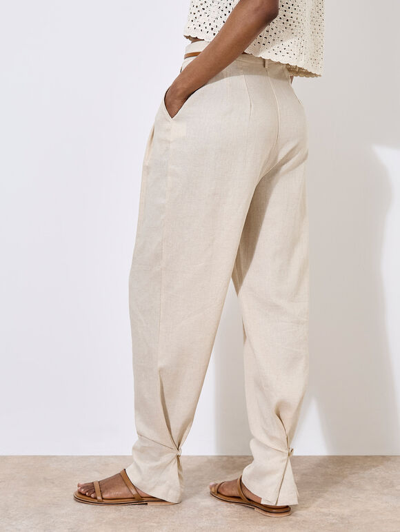 Linen Blend Cinch Hem Trousers, Cream, large