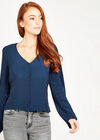 Button Front V Neck Long Sleeve Blouse, Navy, large