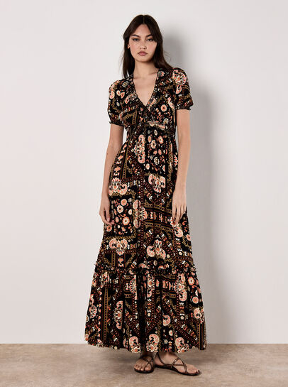 Scarf Print Smocked Maxi Dress