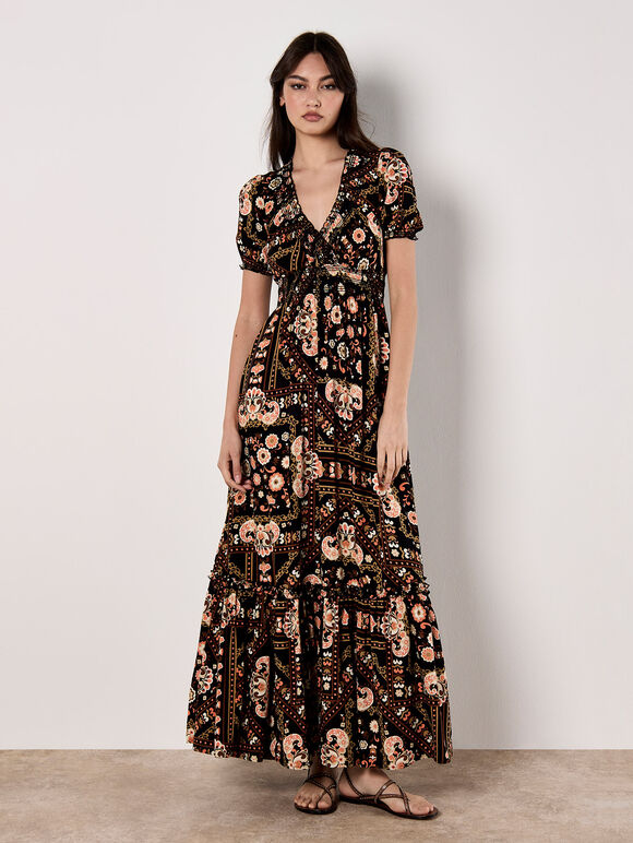 Scarf Print Smocked Maxi Dress, Black, large